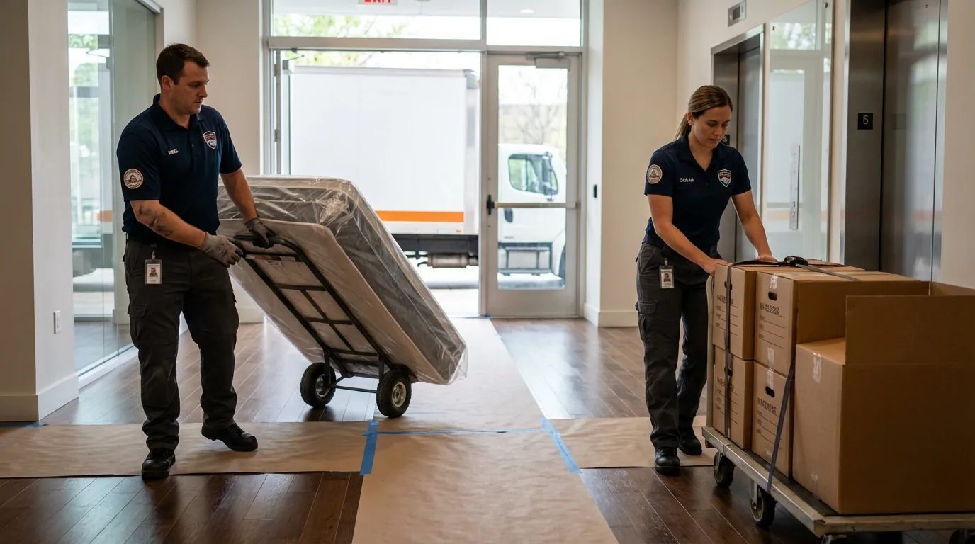 Professional apartment movers loading elevator in Prosser, WA